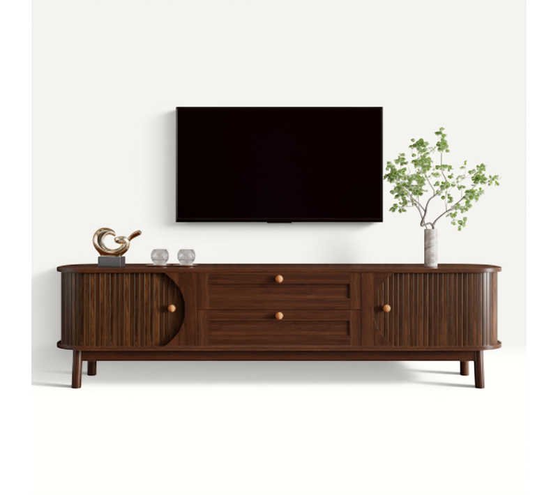 Meuble TV Moderne-aspect Bois Avec Tiroirs Et Compartiments De Rangement-angles Arrondis-noyer