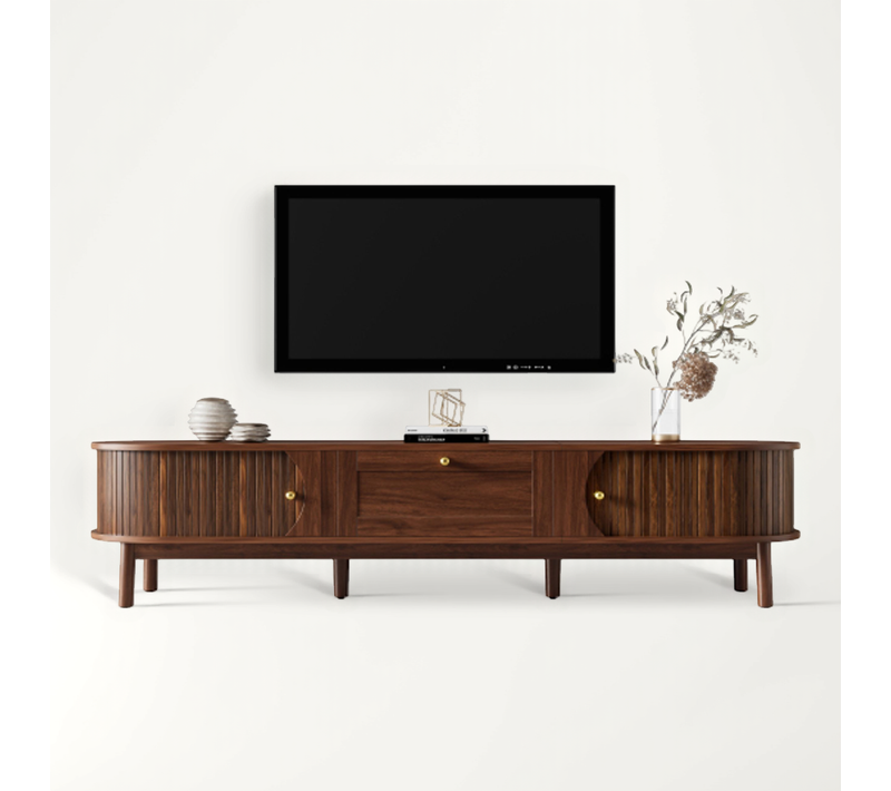 Meuble TV Moderne-aspect Bois Avec Tiroirs Et Compartiments De Rangement-angles Arrondis-noyer