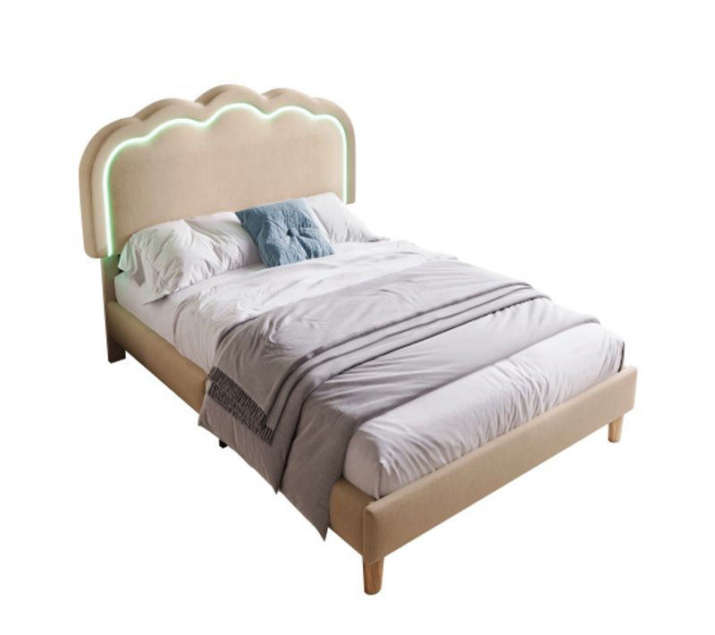 Lit Enfant Avec Éclairage LED-lit Simple 90x190 Cm-tête De Lit Réglable-en Lin-beige