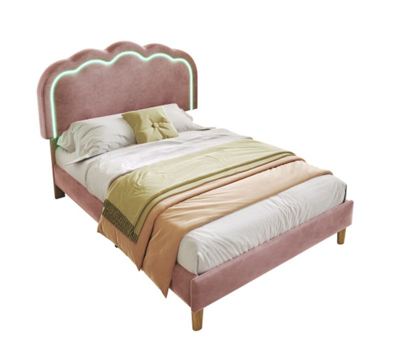 Lit Enfant Avec Éclairage LED-lit Simple 90x200 Cm-tête De Lit Réglable-en Velours-rose