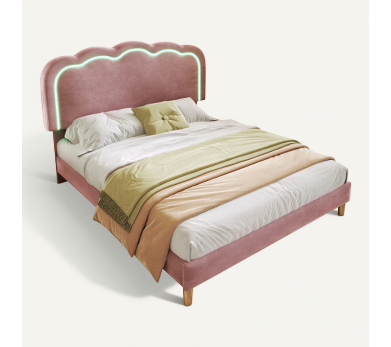Lit Enfant Avec Éclairage LED-lit Simple 140x200 Cm-tête De Lit Réglable-en Velours-rose