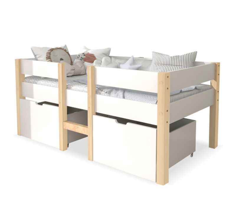 Lit Enfant 90x190 Cm-avec Tiroir Et Barrière Anti-chute-en Pin Massif-blanc Et Chêne