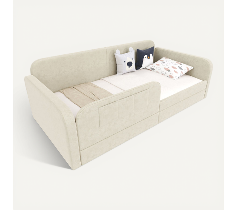 Lit Enfant Modulable-canapé-lit 90 X 200 Cm - 2 Tiroirs Sur Roulettes-en Velours-blanc