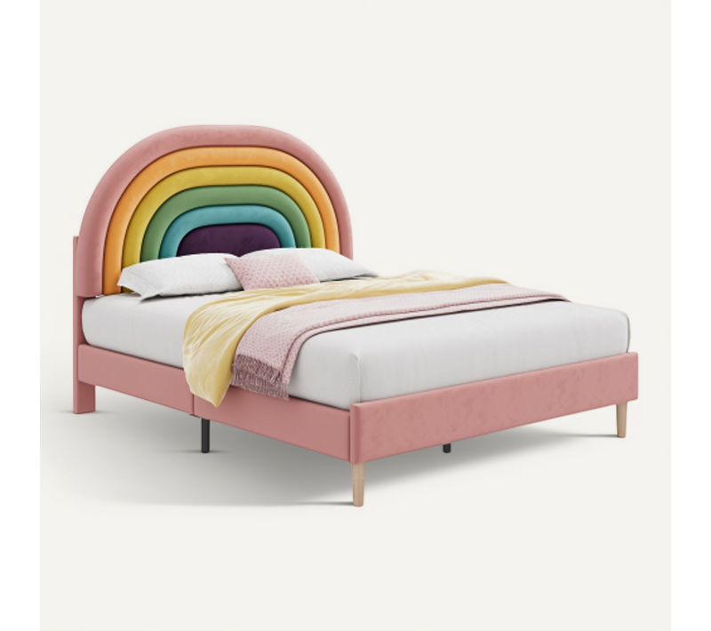 Lit Rembourré 140 X 200 Cm-lit Enfant- Support à Lattes En Bois-tête De Lit Réglable-en Velours-rose