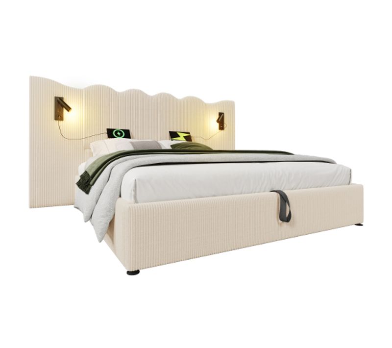 Lit Double 180x200 Cm Avec Lampe De Lecture-usb Type-c-en Bois Massif-en Velours Côtelé-beige