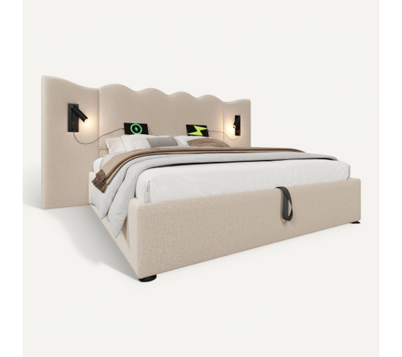 Lit Double 160x200 Cm Avec Lampe De Lecture-usb Type-c-en Bois Massif-en Lin-beige