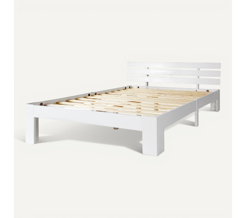 Lit Double 140x200cm-lit Adulte Avec Sommier à Lattes-en Bois Massif-blanc
