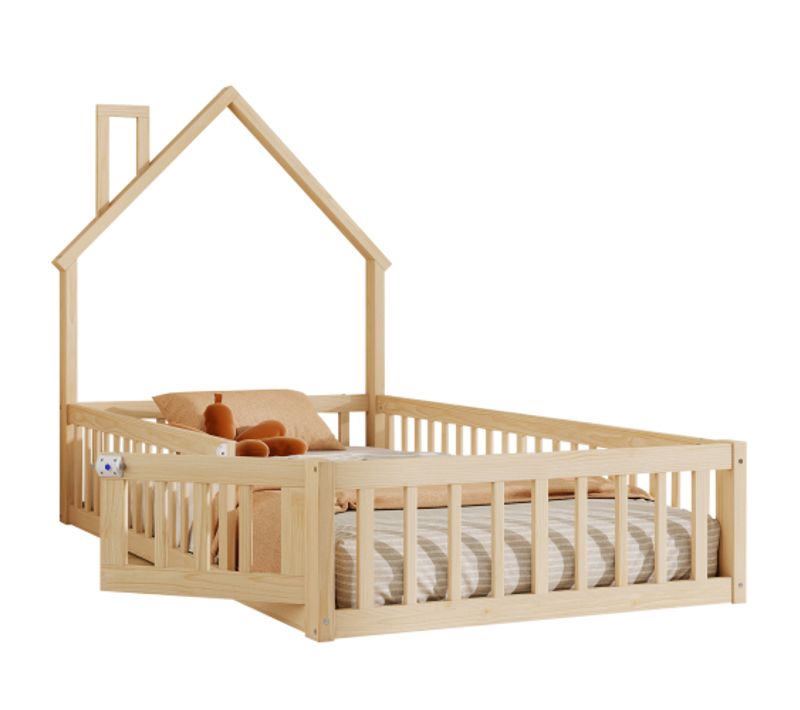 Lit Enfant 90x200 Cm-lit Cabane En Bois Massif-en Pin-avec Sommier à Lattes-naturel