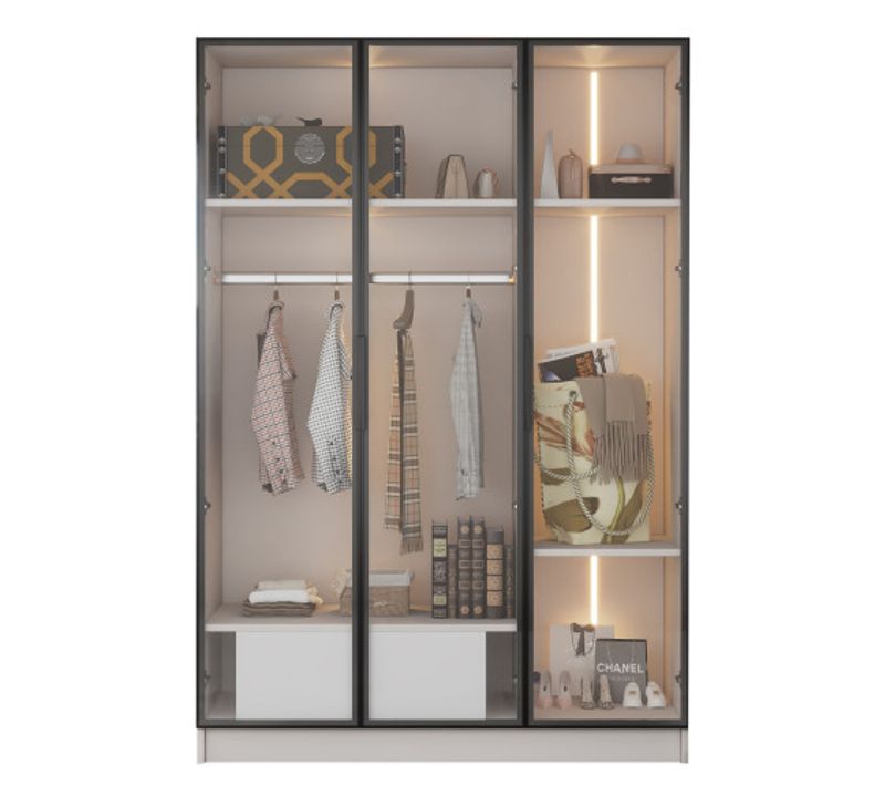Armoire 110x50x160 Cm-avec 3 Portes Vitrées, 1 Tiroir-vitrine Avec Éclairage LED-blanc