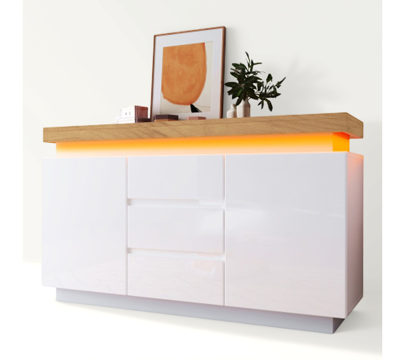 Commode à 2 Portes Et 3 Tiroirs-buffet Laqué Brillan-éclairage LED-blanc