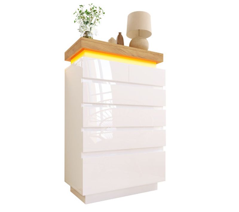 Commode à 6 Tiroirs-buffet Laqué Brillant-éclairage LED -115 X 73 X 39 Cm-blanc