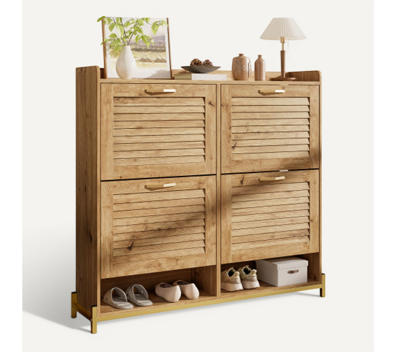 Meuble à Chaussures Avec 4 Volets-extra-fin 24 Cm- En Bois-jusqu'à 20 Paires-naturel