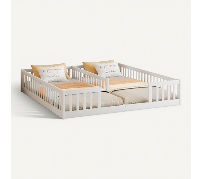 Lit Au Sol 90x200 Cm-lit Enfant-avec Barrière-pour 2 Enfants-en Pin-sans Lattes De Lit-blanc