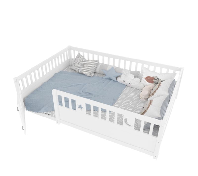 Lit Au Sol 140x190 Cm-lit Enfant-avec Barrière-pour 2 Enfants-en Pin-sans Lattes De Lit-blanc