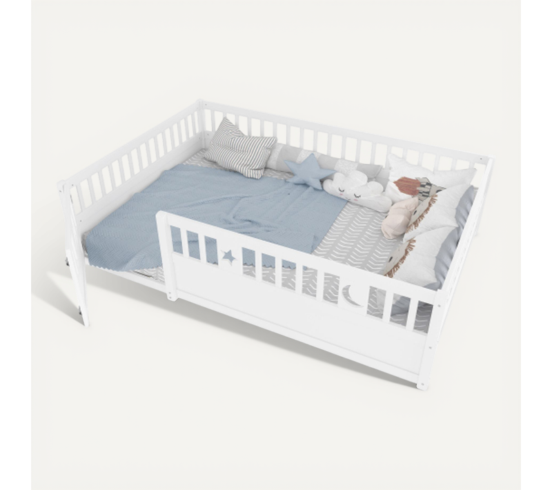 Lit Au Sol 140x190 Cm-lit Enfant-avec Barrière Et Sommier-pour 2 Enfants-en Pin-blanc
