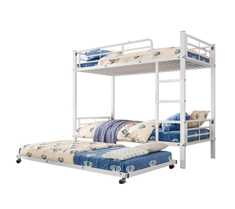 Lit Superposé Avec Lit Gigogne 90x200 Cm-quatre Barrières De Sécurité-en Fer Forgé-blanc