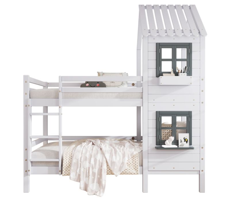 Lit Superposé 90x200 Cm- Lit Cabane-lit Enfant Avec Protection Antichute Et Barrière-en Pin-blanc
