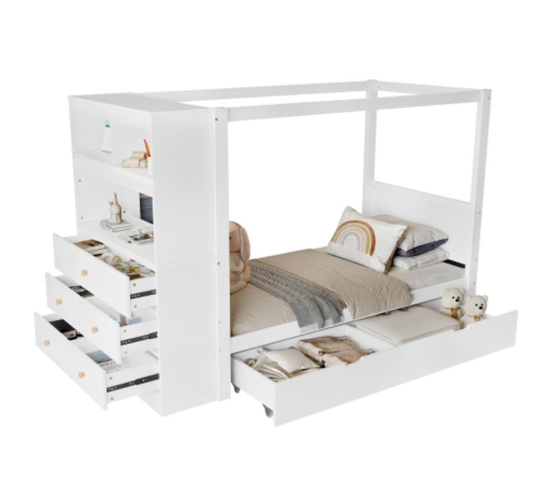 Lit Simple 90x200 Cm-lit Enfant Avec Barrière De Sécurité-avec 5 Tiroirs-en Bois Massif-blanc