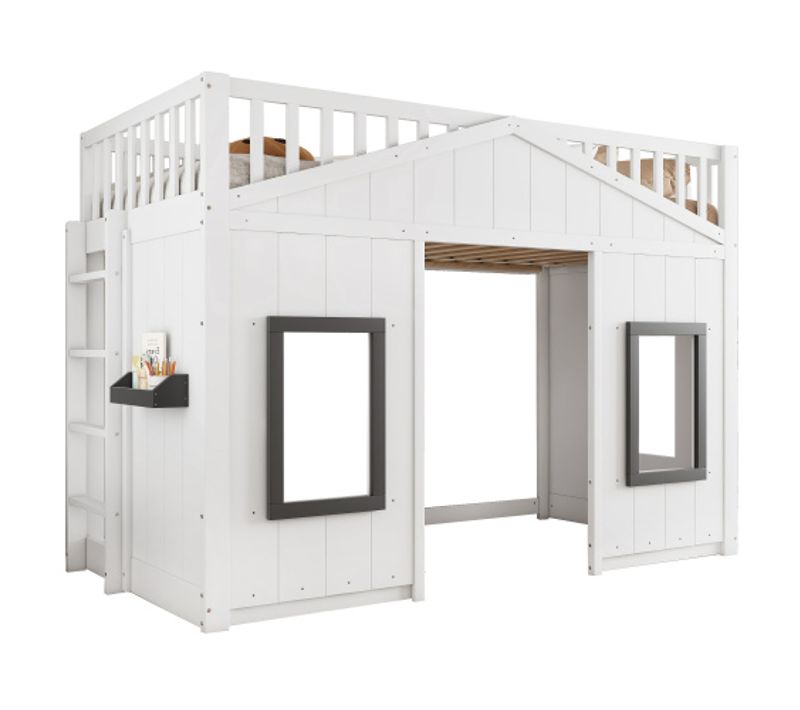 Lit Mezzanine Cabane 90 X 200 Cm-barrière Anti-chute Et Rambarde-lit Enfant-en Bois Massif- Blanc