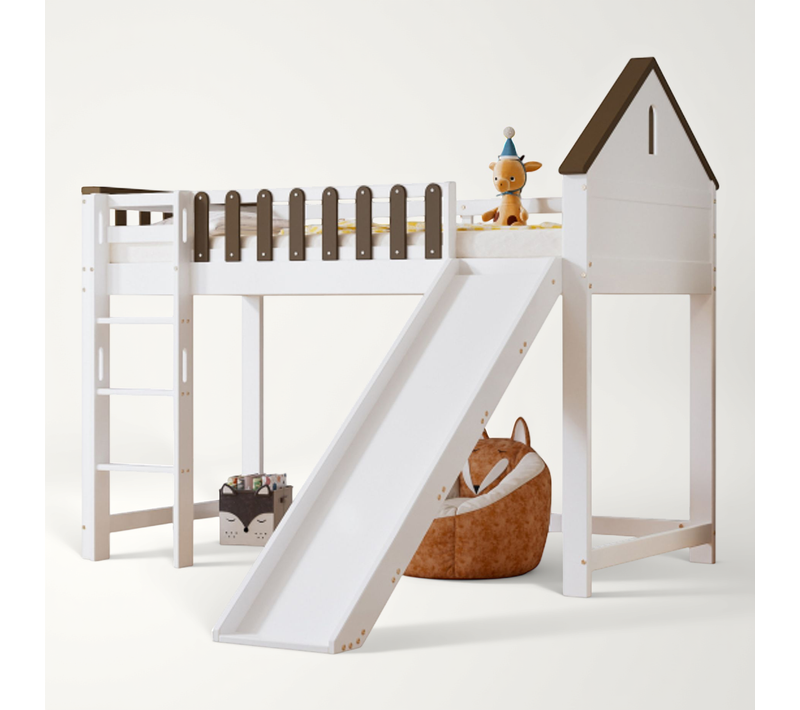 Lit Mezzanine 90 X 200 Cm-échelle Droite à 3 Marches-lit Enfant Avec Toboggan-en Pin-blanc Et Noyer