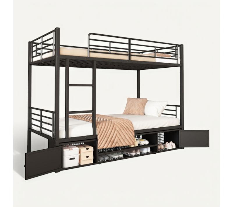 Lit Superposé 90 X 200 Cm-meuble à Chaussures Ouvert-avec Barrière De Sécurité-en Fer-noir
