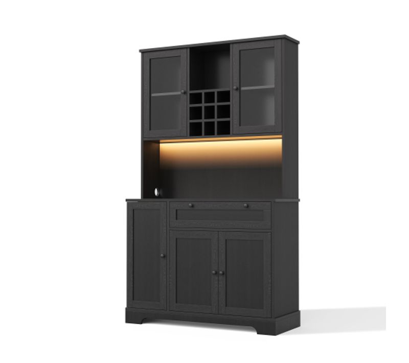 Buffet De Cuisine-armoire Haute-vitrine Avec Étagères Réglables-led Et Prise Électrique-noir