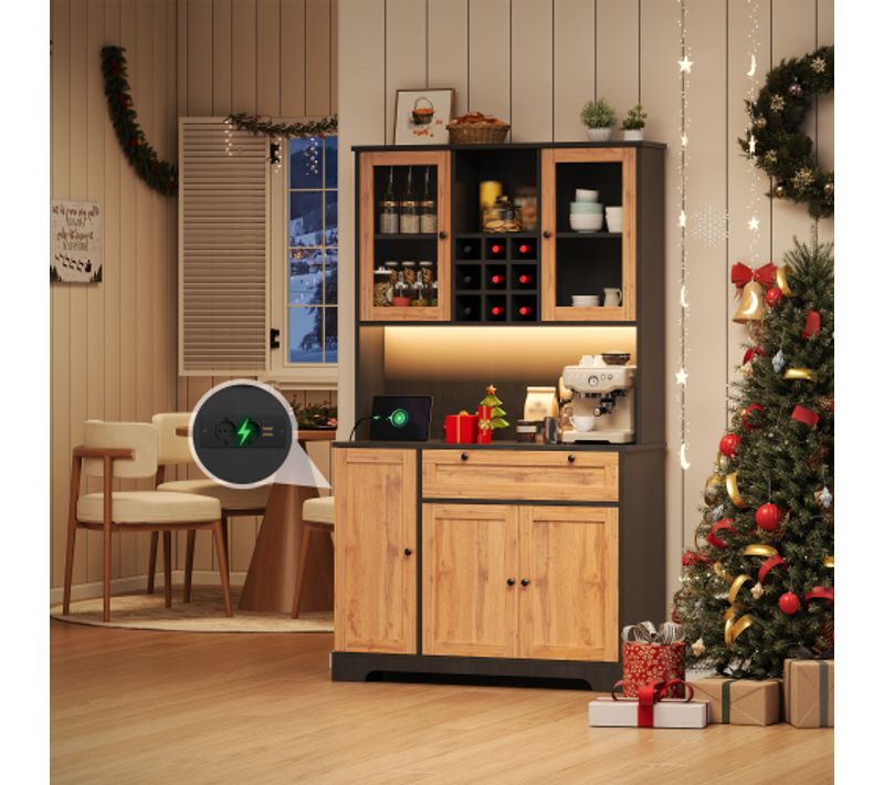 Buffet De Cuisine-armoire Haute-vitrine Avec Étagères Réglables-led Et Prise Électrique-naturel