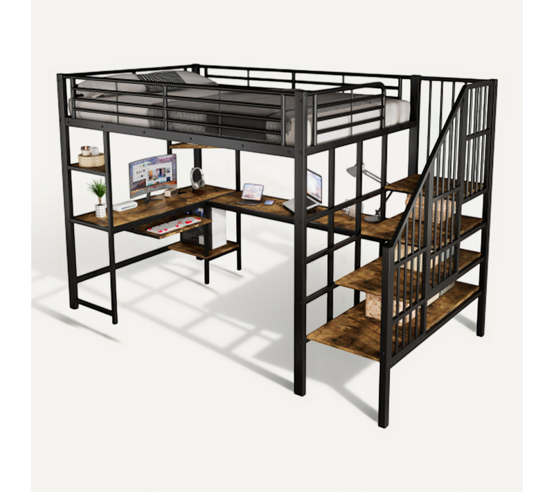 Lit Mezzanine 120x200 Cm-escalier Sécurisé-espace Bureau Avec Tablette Pour Clavier-en Fer-noir