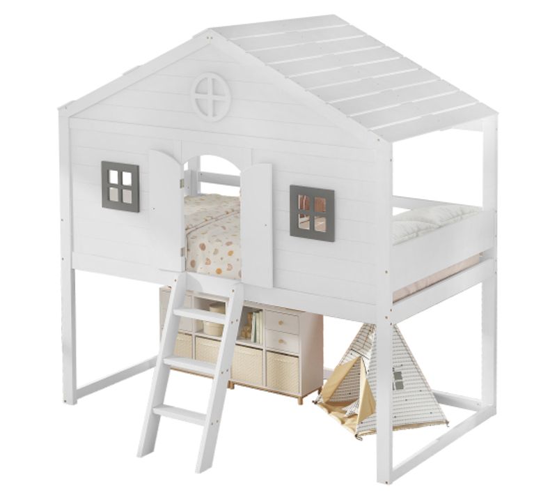 Lit Cabane 90 X 200 Cm-avec Escalier, Barrière Anti-chute Et Rambarde-lit Enfant-en Pin-blanc