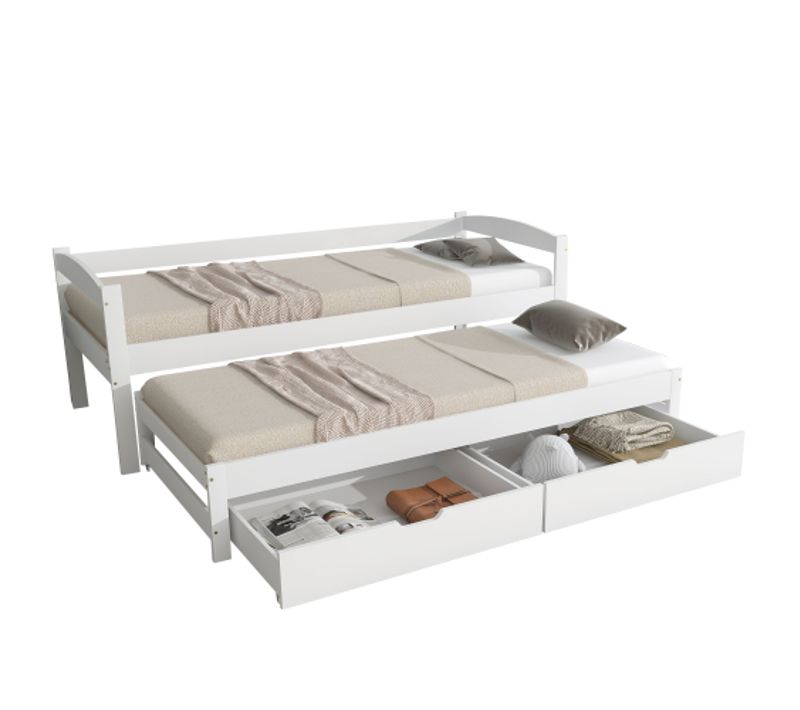 Lit Enfant 90x200 Cm-lit Gigogne Avec Roulettes En Dessous-avec 2 Tiroirs-cadre En Bois Massif-blanc