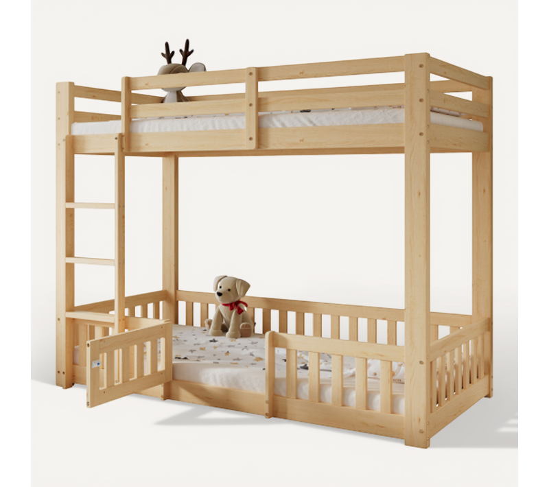 Lit Mezzanine 90 X 200 Cm-avec Barrière De Sécurité-espace Aménageable-en Bois Massif-naturel