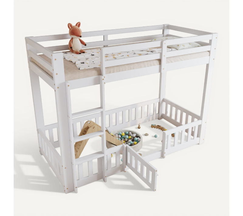 Lit Mezzanine 90 X 200 Cm-avec Barrière De Sécurité-espace Aménageable-en Bois Massif-blanc