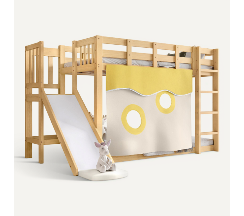 Lit Superposé 90x200 Cm-avec Barrière De Sécurité-lit Enfant Avec Rideaux D'intimité-en Pin-Naturel