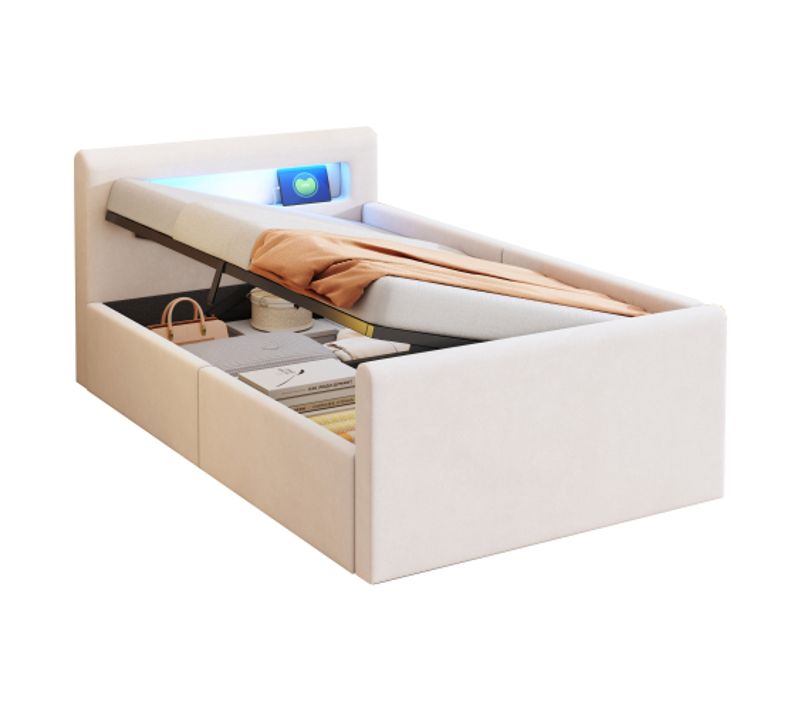 Lit Enfant 90 X 200 Cm-led-usb-étagère Et Rangement Hydraulique-lit Simple-en Velours-beige