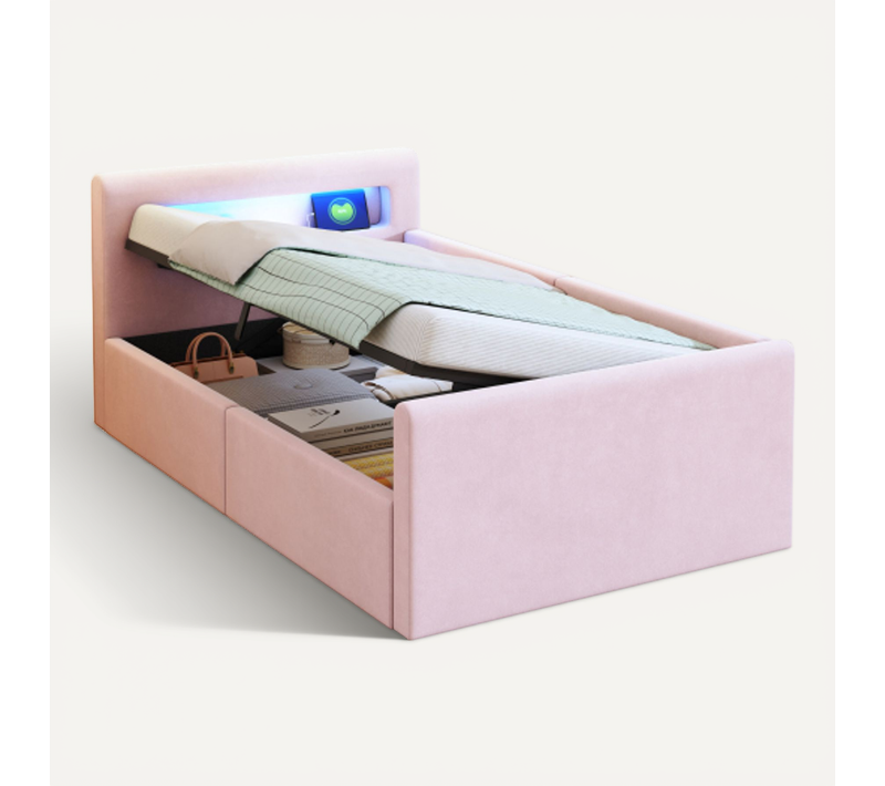 Lit Enfant 90 X 200 Cm-led-usb-étagère Et Rangement Hydraulique-lit Simple-en Velours-rose