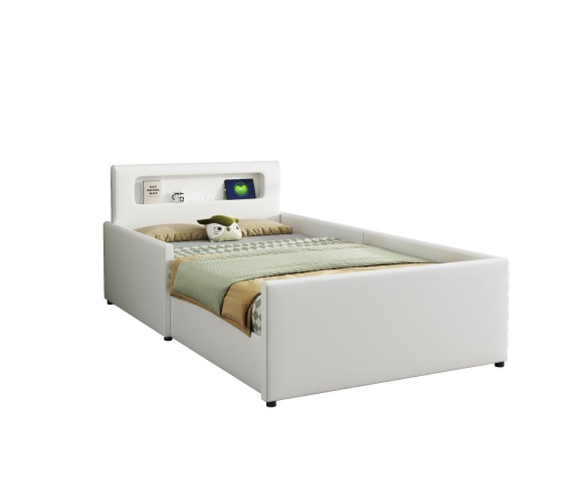 Lit Enfant 90 X 200 Cm-avec USB/veilleuse-rebords Latéraux Pour Plus De Sécurité-lit Simple-blanc