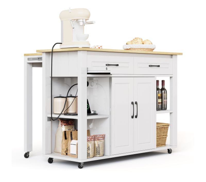 Îlot De Cuisine Mobile Extensible-bar Et Prises Électriques-convient Aux Cuisines-blanc
