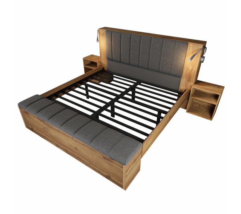 Lit Double 160x200 Cm-avec 2 Tables De Chevet Et Banquette-lampes De Lecture Avec Port USB-en Bois