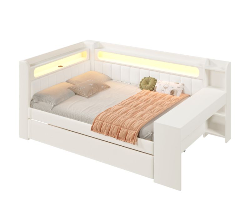 Lit Gigogne 140x200 Cm-avec Ports USB Et Ceinture LED-canapé-lit Et Bureau-rose