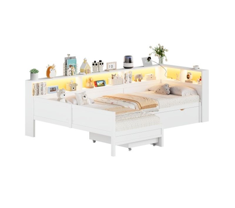 Lit Plateforme 90 X 200 Cm-lit Enfant En Bois En Forme De L-lit Gigogne Avec 1 Tiroir-blanc