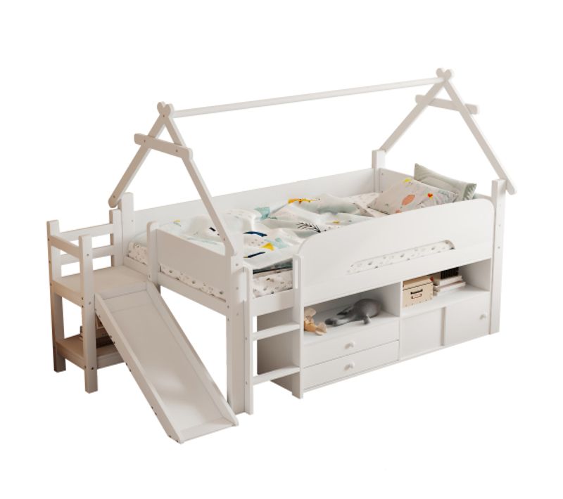 Lit Enfant 90 X 200 Cm Avec Toboggan-lit Simple Avec Barrière Et Sommier-en Bois Massif-blanc