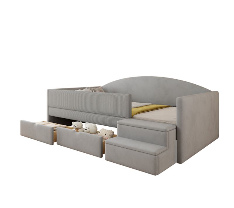 Canapé-lit 90 X 190 Cm-lit Enfant Avec Marches Et Barrières-en Velours Doux-4 Tiroirs-gris