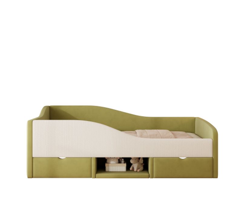 Canapé-lit 90 X 190 Cm-lit Enfant Avec Marches Et Barrières-en Velours Doux-2 Tiroirs-vert Foncé