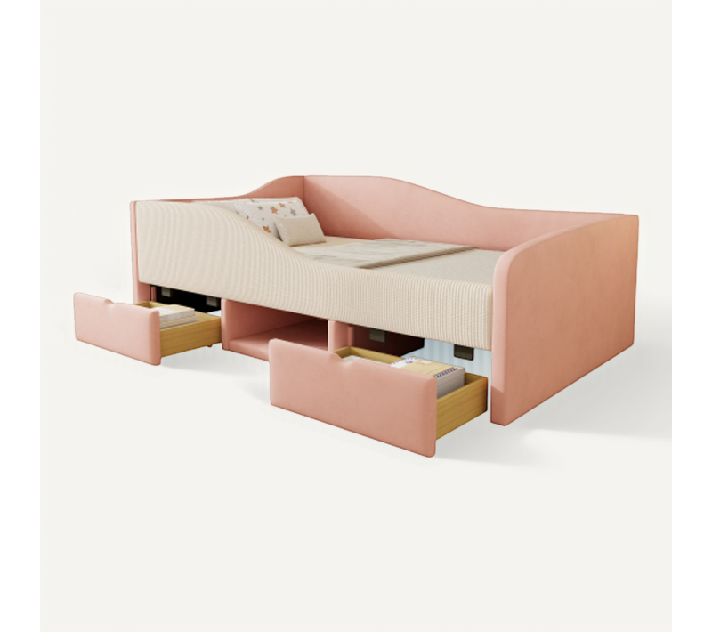 Canapé-lit 90 X 190 Cm-lit Enfant Avec Marches Et Barrières-en Velours Doux-2 Tiroirs-rose