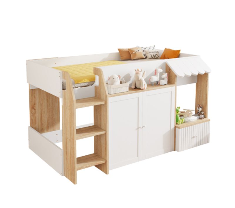 Lit Mezzanine Mi-hauteur-lit Enfant 90x200 Cm-en Bois Massif-blanc