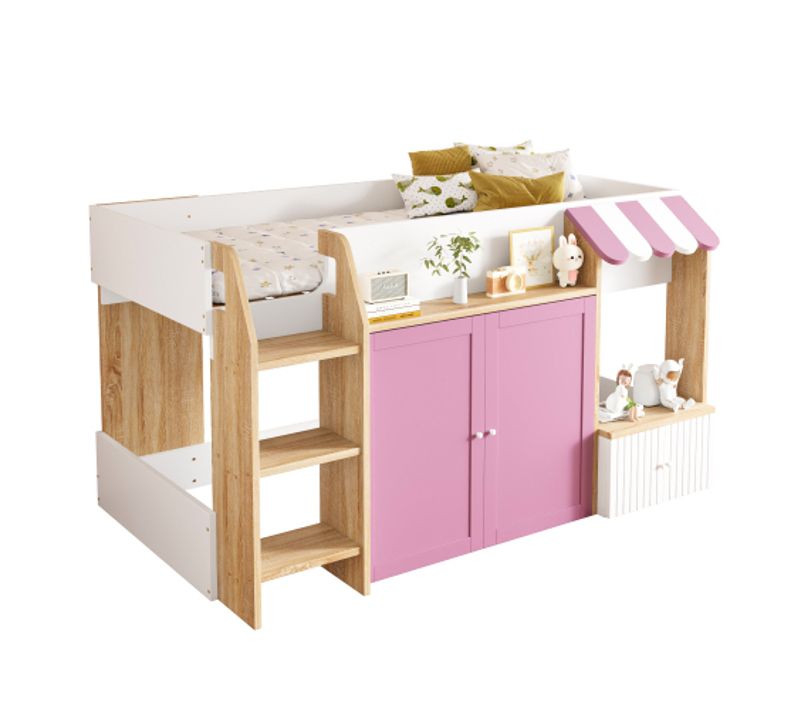 Lit Mezzanine Mi-hauteur-lit Enfant 90x200 Cm-en Bois Massif-blanc
