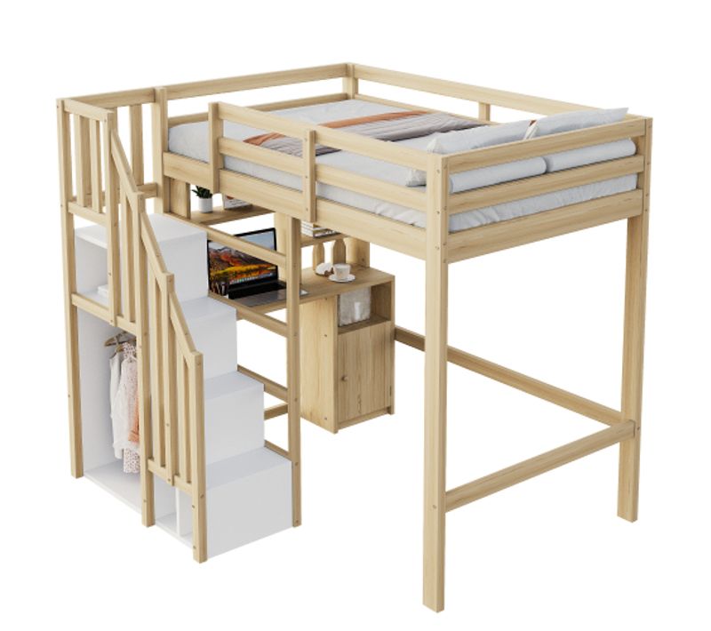 Lit Mezzanine 90x200 Cm-table De Travail Avec Étagères-lit Simple-en Bois Massif-naturel