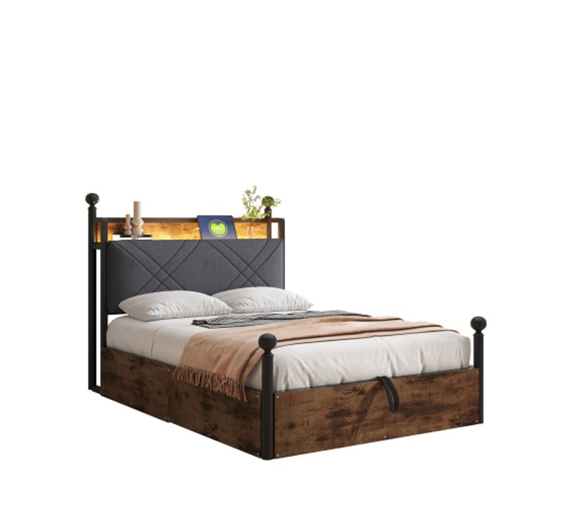 Lit Simple 90 X 190 Cm-avec Rangement Sous Le Lit-en Fer Forgé-led Et Ports USB/type-c-bois