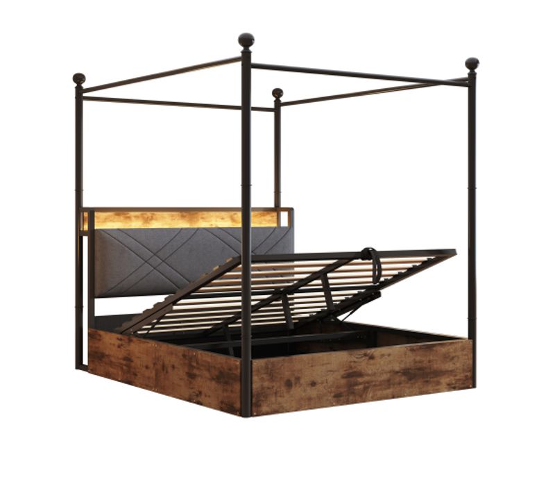 Lit Double 140 X 190 Cm-avec Rangement Sous Le Lit-en Fer Forgé-led Et Ports USB/type-c-bois