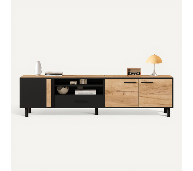 Meuble TV Bas 180 Cm-avec 3 Placards Et 1 Tiroir-idéal Pour Les Meubles De Salon De 80 Pouces-bois